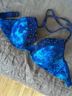 VENUS Blue Patterned Push-Up Bikini Top with Rhinestone Detail